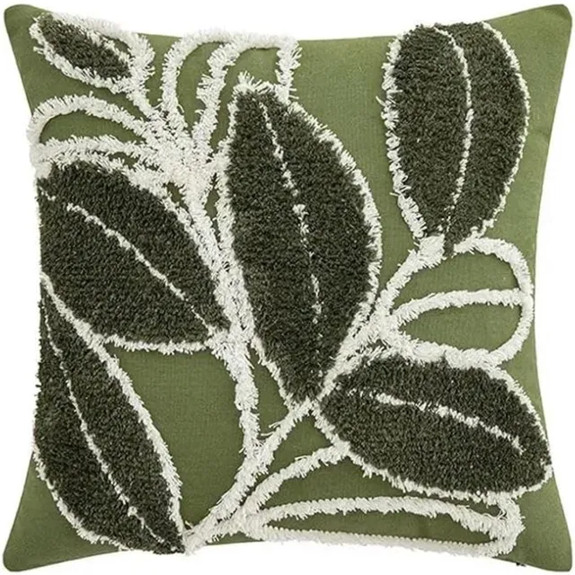 Famanu 2 stuks Groen blad vierkante kussensloop zachte tufting kussensloop sofa decor kussensloop woonkamer nordic decoratie rechthoekige hoes 45 x 45 cm