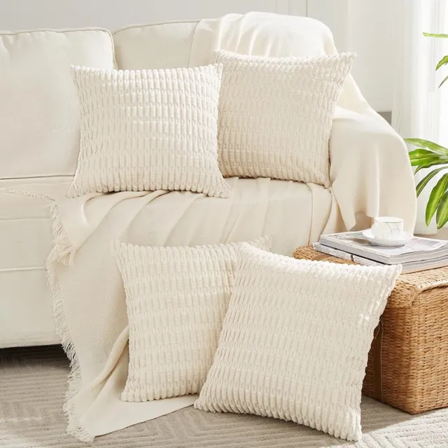Ibenzoa Set van 4 Stijlvolle Decoratieve Kussenhoezen voor Woonkamer en Slaapkamer, 40 x 40 cm, Zacht Corduroy Fluweel Crème
