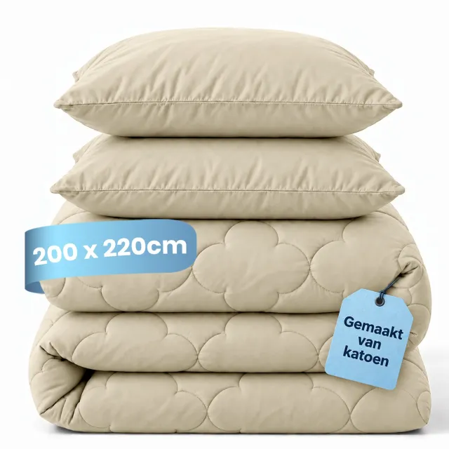 Slaapspeciaal Eazydekbed Prestige Sand - Dekbed zonder Overtrek - Wasbaar Dekbed - Hoesloos Dekbed - All Year Dekbed - 2 in 1 Dekbed - Incl. 2 Kussenslopen - 200x220 cm - 100% Katoen Desert Sand