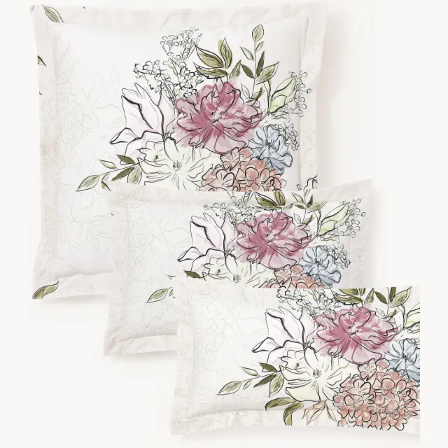Westwing Collection Katoenensatijnen kussenhoes Margot met bloemenprint Beige, Wit