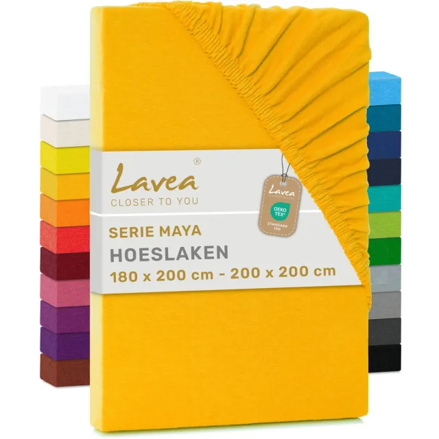 lavea hoeslaken, hoeslaken, serie Maya, 100% katoen, hoogwaardige afwerking, met elastiek en OekoTex100 Goudgeel