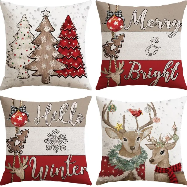 Unyqoos Set van 4 decoratieve kerst kussenhoezen met winterse prints voor huis en tuin rood