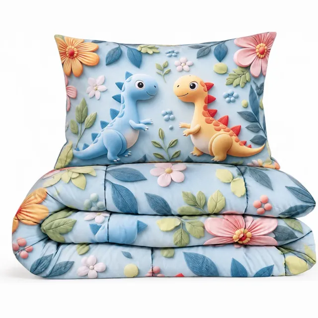 Eleganzzz Kinderdekbed Zonder Overtrek Happy Dino's - Dino Kinderdekbed - Blue - 140x200 cm - Microvezel - Inclusief Kussensloop