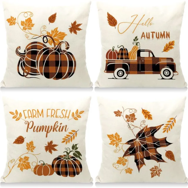 Unyqoos Set van 4 Herfst Kussenslopen met Esdoornblad en Pompoen Motief oranje wit