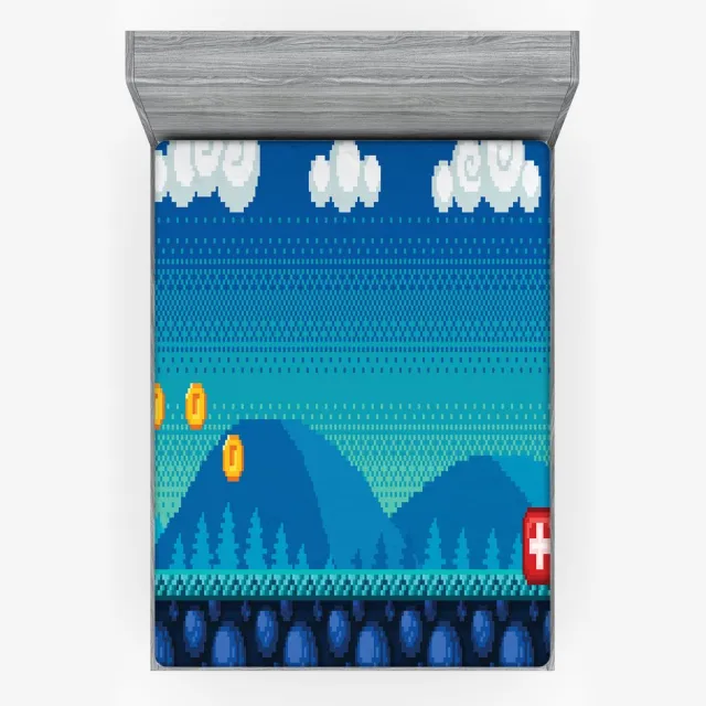 ABAKUHAUS Gaming Fitted Sheet, 8-bit geïnspireerd gameplatform, zacht stoffen beddengoed rondom elastiekband, 140 x 200 cm, kobaltblauwe mosterd
