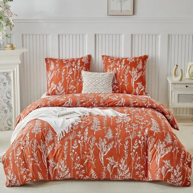 Famanu Beddengoedset van 3 delen in baksteenrood met handgetekende bloemenmotieven, 240 x 260 cm, 100% microfiber met ritssluiting Neutraal