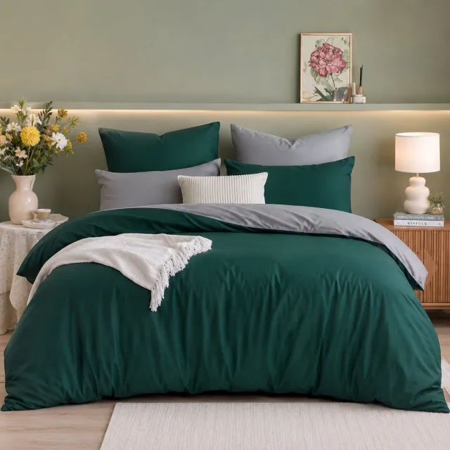 Nazik Living Beddengoed 3-delig 220 x 240 cm microvezel donkergroen/grijs omkeerbaar met ritssluiting - Nazik Living