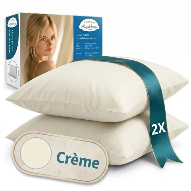 Litalente Hoofdkussen Set van 2 – 60x70 cm – Katoenen Tijk – Afneembare Hoes – Crème Créme