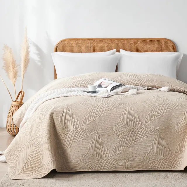 Ibenzoa Zachte en Onderhoudsvriendelijke Sprei met Bladpatroon voor Bed en Bank Beige