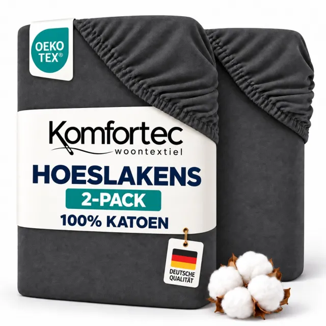 Komfortec Jersey Stretch 2-delige Hoeslaken Set 160x200 cm, Dubbelpak, 23 cm Matrasdikte, Rondom Elastiek, 100% Katoen, Antraciet