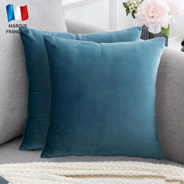 Famanu Set van 2 fluwelen kussenhoezen 60x60 staal blauw zachte en solide, vierkante decoratieve kussensloop voor sofa slaapkamer woonkamer (2 staal blauw)