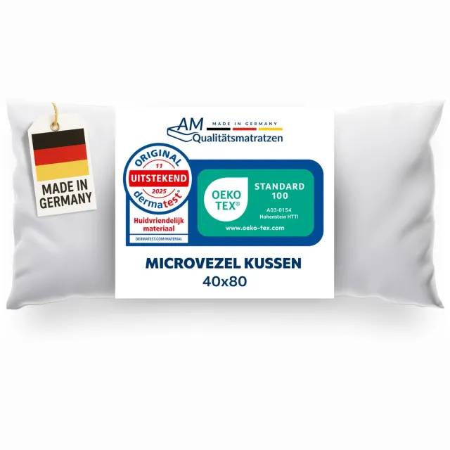 AM Qualitätsmatratzen DormiGood Premium microvezel kussen 40x80 - Made in Germany - Anti-allergeen kussen met hoogwaardige Sensofill-vulling - OEKO TEX-gecertificeerd Pillow met kussensloop van 100% katoen Wit