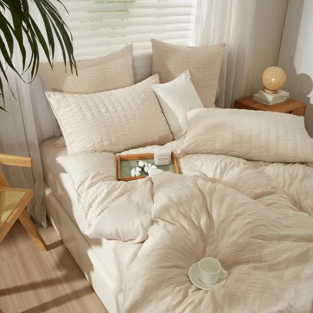 Ibenzoa Geïntegreerde Dekbedovertrekset Beige Seersucker met Kussenslopen