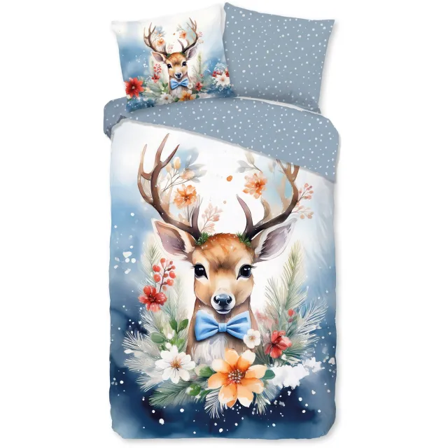 Good Morning dekbedovertrek rendier met strik en bloemen - Blauw - 100% Katoen flanel Blue