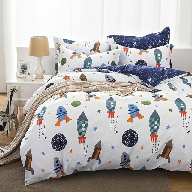 Ibenzoa Omkeerbaar kinderbeddengoed met raket en sterrenpatroon van katoen wit blauw