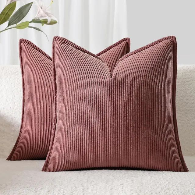 KZQ Ribfluwelen kussenhoezen – Set van 2 – Boho sierkussenhoezen – Zachte vierkante kussenhoezen voor bank, sofa, bed en woonkamer – 50 X 50 CM - Oudroze