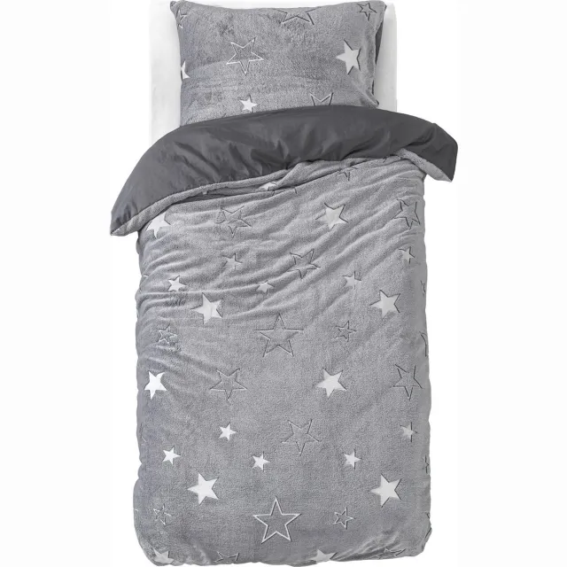 CL 1-persoons fleece (microfleece / flanel) dekbedovertrek (dekbed hoes) grijs / lichtgrijs met allerlei witte sterren / sterretjes glow-in-the-dark eenpersoons 140 x 220 cm (warm en zacht teddy beddengoed voor kinderkamer / winter, Sint & Kerst cadeau)