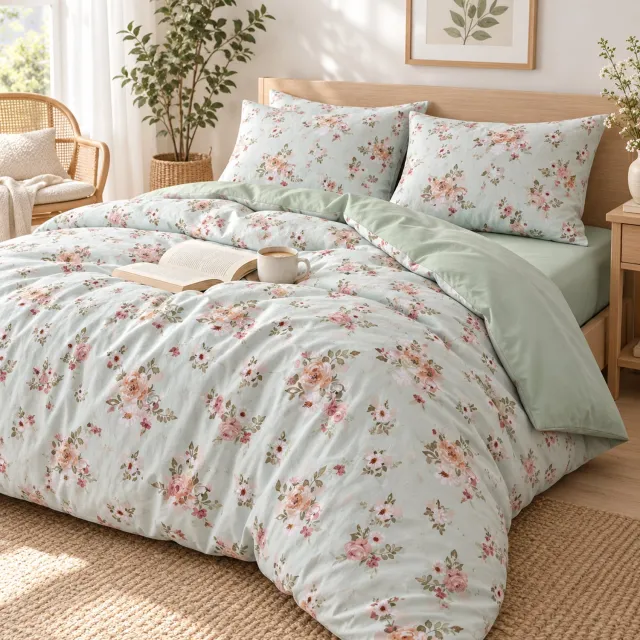 Maison Elara Dekbedovertrek Set 4-delig - 200x220 cm - incl. Hoeslaken 160x200x30 cm & 2 Kussenslopen 60x70 cm - Geborsteld Microvezel - Rozenprint Mint/Roze