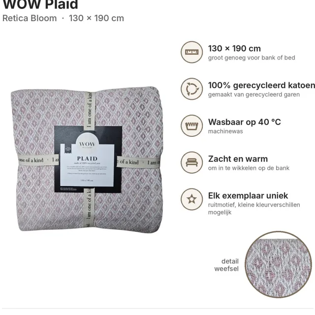 Wow Plaid 130x190 cm – Retica Bloom – 100% Gerecycleerd Katoen – Woondeken / Plaid voor Bank en Bed Paars