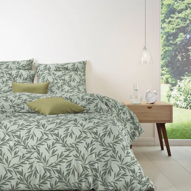 Mistral Home DEKBEDOVERTREK - katoen renforcé - 200 x 200 cm + 2x 65 x 65 cm - tweepersoons - botanisch - groen- Duurzaam Groen/Grijs/Beige