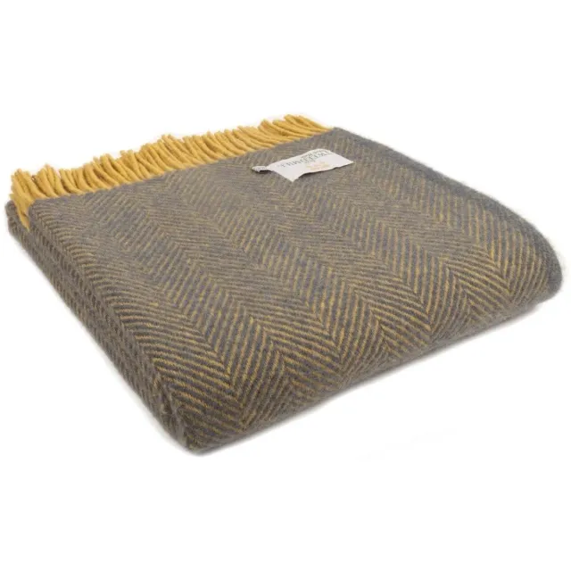 Tweedmill Plaid Visgraat Blauw en Mosterd geel - 150x183 - Nieuw Wol - Tweedmill UK