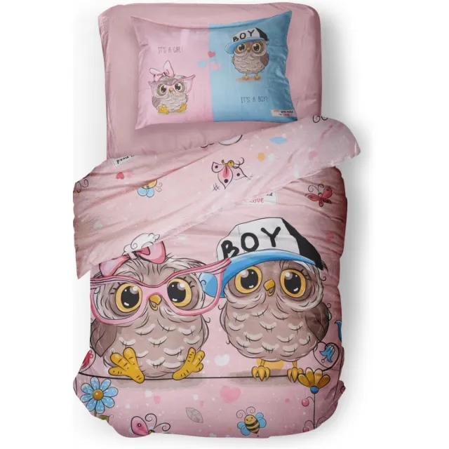 LINNICK Kinder Dekbedovertrek 100% katoen Puhu - roze 140x200cm - Tiener Dekbedovertrek 1 persoons - Uilen Dekbedovertrek