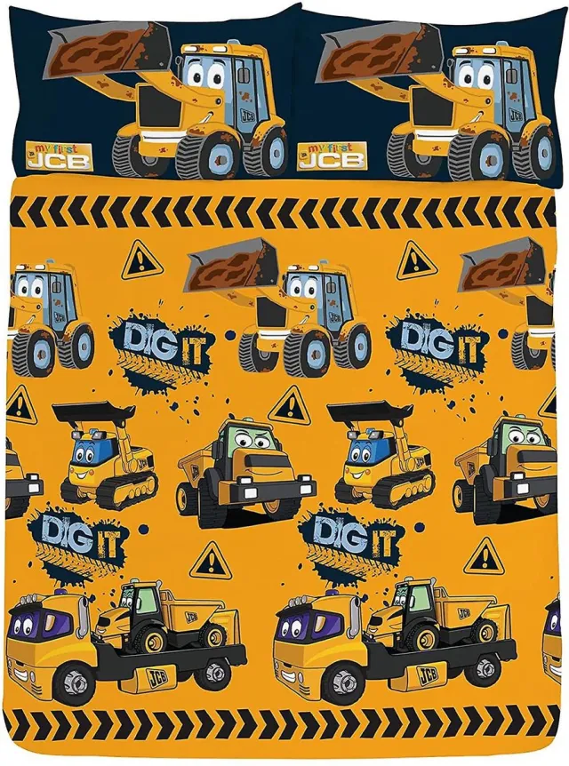 Catherine Lansfield 2-persoons jongens dekbedovertrek (dekbed hoes) donker geel / donker blauw “dig it” met wegenbouw voertuigen / auto’s: graafmachine, vrachtwagen / truck, shovel en bulldozer tweepersoons 200 x 200 cm (beddengoed kinderkamer / kleuters, Sint & Kerst)