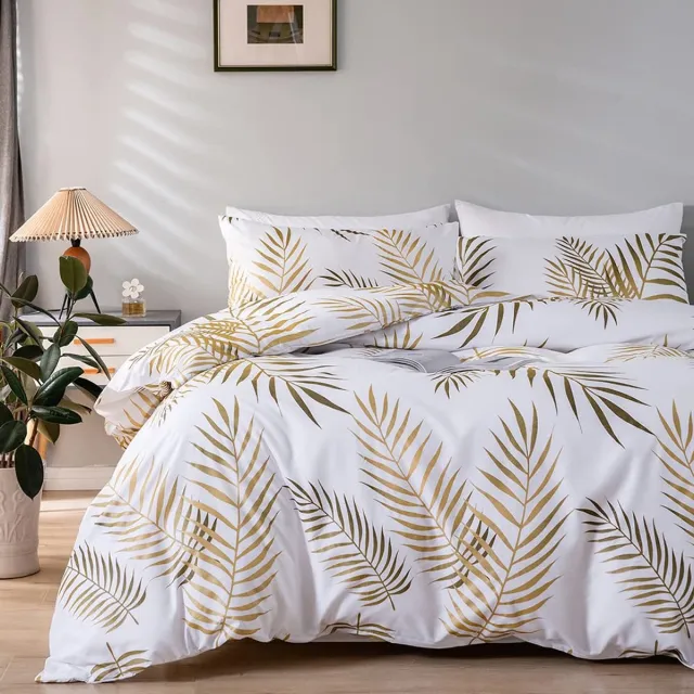 Unyqoos Beddengoedset met Gouden Palmbladpatroon en Ritssluiting, Inclusief Kussensloop 80 x 80 cm witgoud