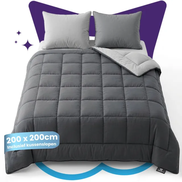 Slaapspeciaal Eazydekbed Supersoft Grijs/Antraciet - Dekbed zonder Overtrek - Wasbaar Dekbed - Hoesloos Dekbed - All Year Dekbed - 2 in 1 Dekbed - Incl. 2 Kussenslopen - 200x200 cm