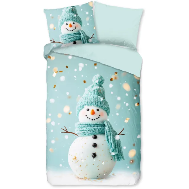 Good Morning dekbedovertrek sneeuwpop met gebreide muts en sjaal - Mint - 100% Katoen flanel