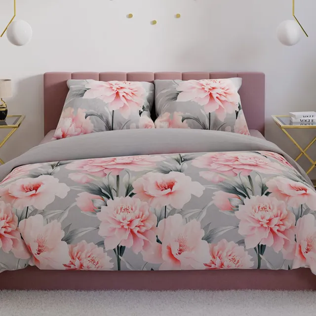 Markizeta MARIGOLD - Satijnen Katoenen Bedset - 220x200 cm - Kleur Rijke Bloemen - Romantische Elegant Design Roze;Grijs
