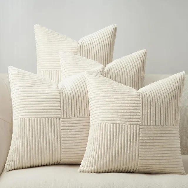 Famanu Set van 4 stuks corduroy kussenhoezen ribfluweel windmolen design 40 x 40 cm crème