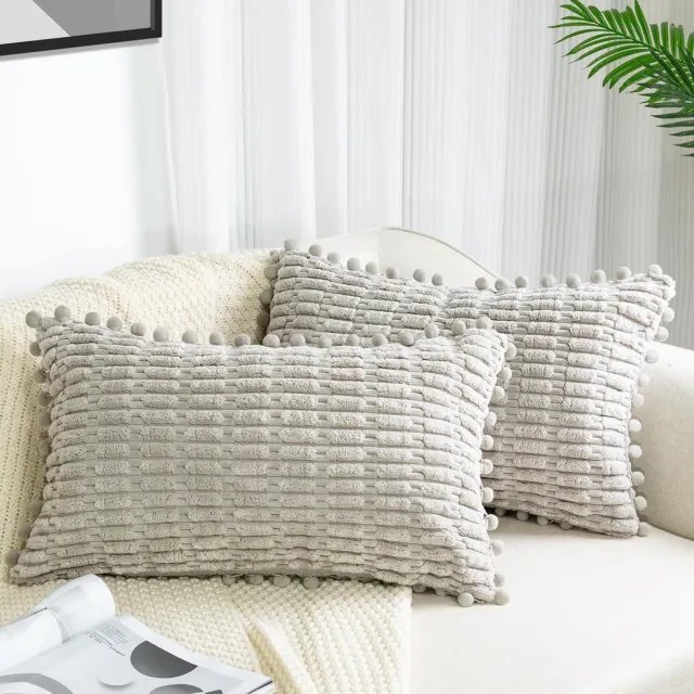 Thuys Set van 2 beige kussenhoezen, 30 x 50 cm, corduroy fluweel, sofakussen, zachte kussenhoezen, boho-kussenslopen, sierkussen, moderne kussens, decoratie voor bank, slaapkamer, thuis, auto Lichtgrijs