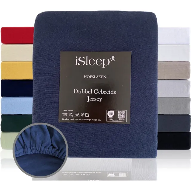 iSleep Dubbel Gebreide Jersey Hoeslaken - Hoge Hoek - Rondom Elastiek - Litsjumeaux - 160/180x200 cm - Donker Blauw