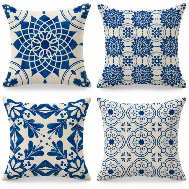 Huttutu Kussensloop - Linnen Kussenhoezen met Verborgen Rits - Voor Tuin, Bank en Woonkamer - 45x45 cm - Blauw - 4 stuks