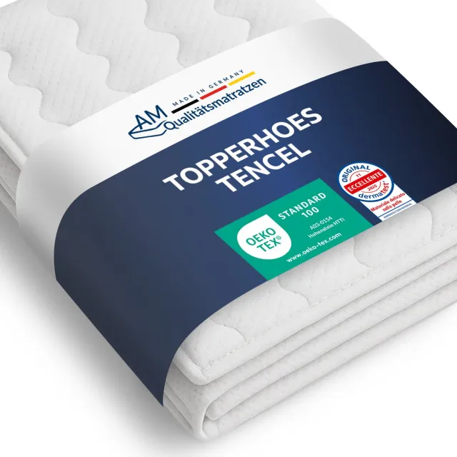 AM Qualitätsmatratzen Lyocell topper 150 x 190 cm hoes 4-6 cm kernhoogte - Made in Germany & OEKO-TEX-keurmerk - Allergisch topperhoes cm met anti-roest onderkant & 4-zijdige ritssluiting Wit