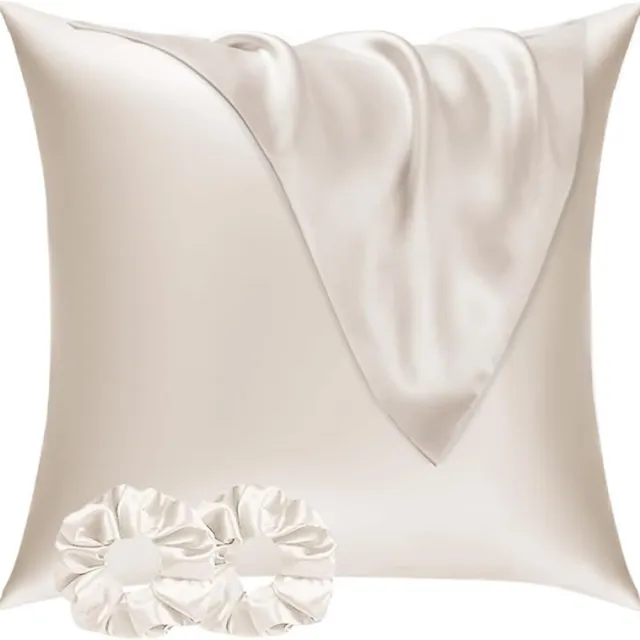 Zoranta Satijnen Kussensloop 60x60 cm Beige – Set van 2 met Envelopsluiting en 2 Haarbandjes
