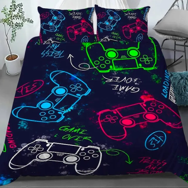 Catherine Lansfield 1-persoons jongens dekbedovertrek (dekbed hoes) "gamer for life" zwart met allerlei game controllers in felle neon kleuren (roze, groen, wit en blauw) van Playstation spelcomputer eenpersoons 140 x 200 cm (gameroom, tieners, Sint & Kerst cadeau!)