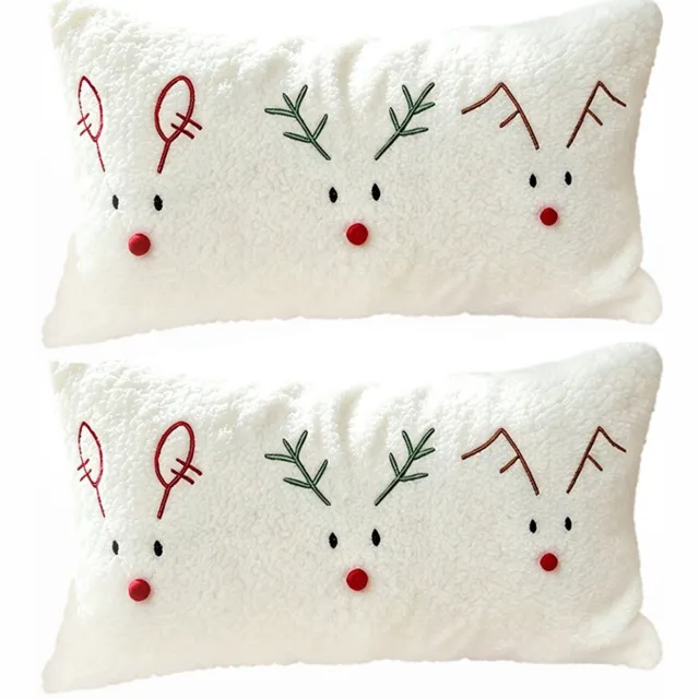 FLITI Kerst Kussenhoezen - Rechthoekige Sierkussenhoezen van Zachte Teddy Stof met Geborduurde Rendieren - Kerstdecoratie voor Bank - Zonder Vulling - 30x50 cm - Set van 2 Wit