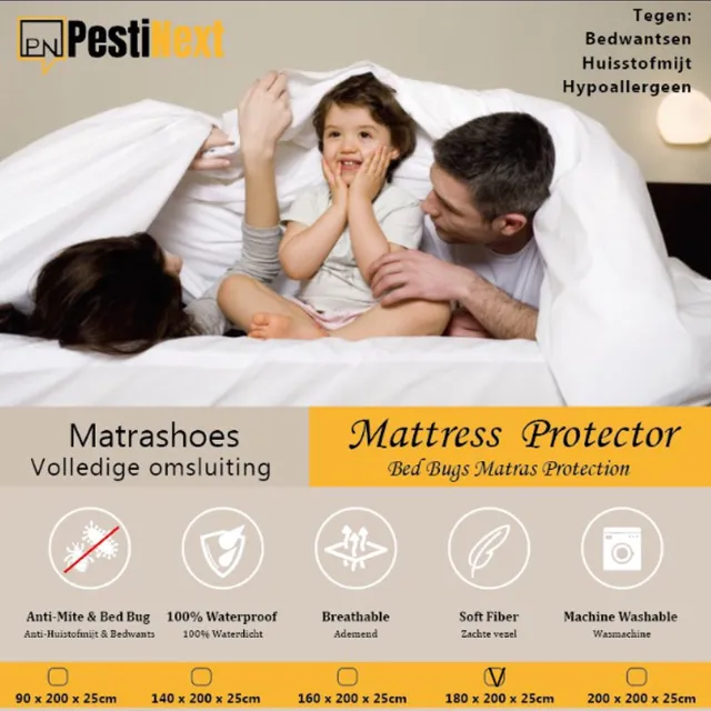 PestiNext Matrasbeschermer – Matrashoes 180x200x25cm - Volledige omsluiting van matras - Waterdicht - Anti Allergeen - Met ritssluiting - tegen bedwantsen en huisstofmijt - Anti bacterieel wit
