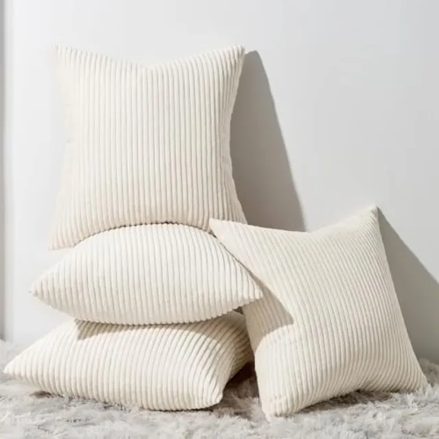 PromoHome 50x50 cm decoratieve kussenhoezen set van 4 - fluweelzachte ribcord stof - gradatie groen gestreept design - voor bank, sofa, stoel in woonkamer, slaapkamer of kantoor Beige