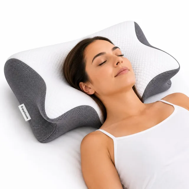 Enjoygoods Orthopedisch Hoofdkussen – Nekkussen – Anti-Snurk Kussen – Gijs/Wit – Nekklachten & Nekpijn Verlichting – Zijslaper Hoofdkussen Volwassenen – Verkoelend Slaapkussen – Vlinderkussen Ergonomisch – Ademend Traagschuim Kussen - Vlinderkussen