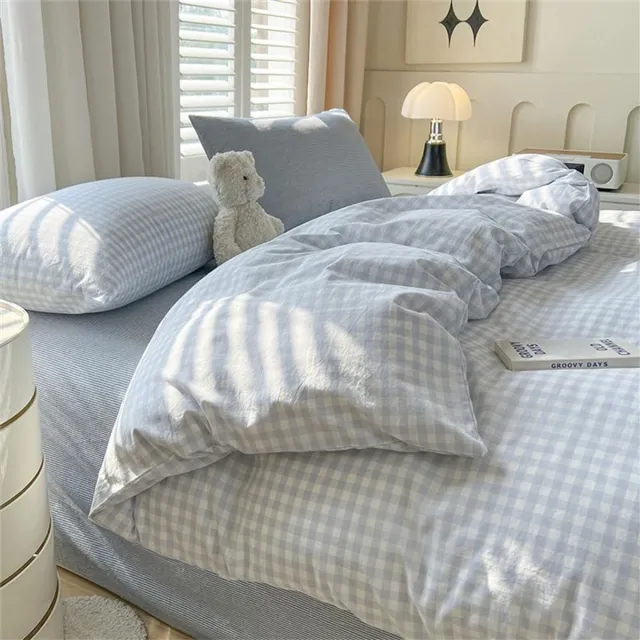 Unyqoos Blauw Geruite Kinderbeddengoedset van Microvezel met Ritssluiting