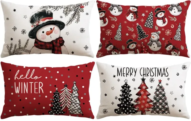 Unyqoos Set van 4 decoratieve kussenhoezen met kerstmotief voor woonkamer en slaapkamer rood