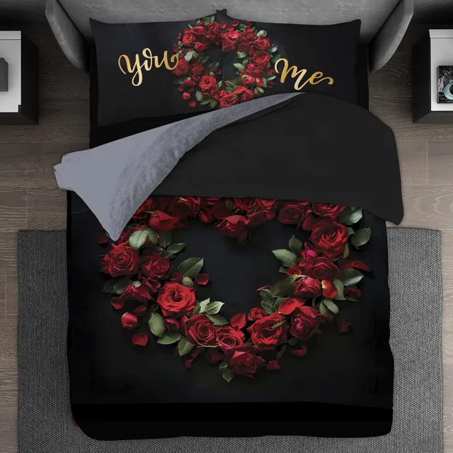 BED GLOW & APPAREL SPECIAAL VALENTIJNSDAGGE SCHENK!!! - Dubbele persoons Dekbedovertrekset 200 x 200 cm en 2 kussensloops 60x70 cm - 100% katoen - Bloemen patroon in hart figuur ZWART