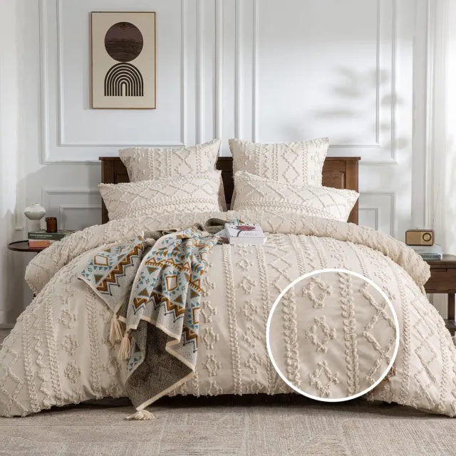 Ibenzoa Elegant Boho Beddengoed Set met Vintage Geometrisch Patroon en Ritssluiting voor Comfortabele Slaapervaring Beige
