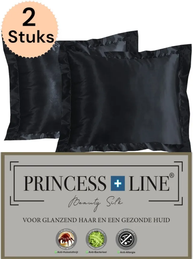 Princess Line Satijnen Beauty Silk Kussensloop - Zijden Zacht Beddengoed- Goed Voor De Haar En Huid-Zwart -Set van 2 Stuks-60 x 70 CM