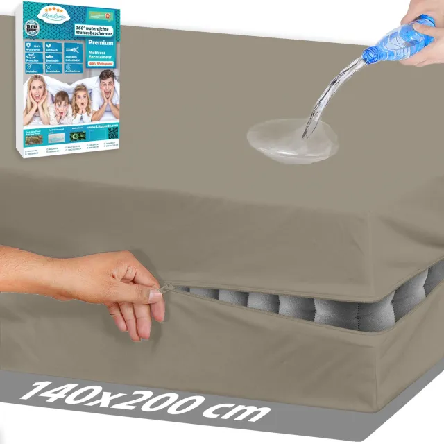 Litalente Luxe Waterdichte Matrashoes Met Rits - Matrasvernieuwer 140 x 200 cm - Taupe - Anti Bedbug - Allergie, Huisstofmijt en Antibacteriële - 100% Waterdichte en Bedwantsbestendige Matrasbeschermer Molton - Ritssluiting