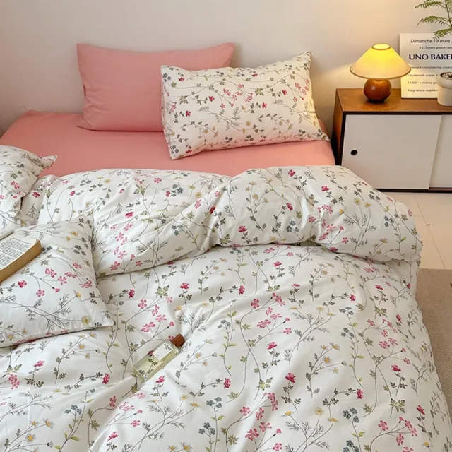 Ibenzoa Kleurrijke katoenen bloemen beddengoedset met ritssluiting en kussensloop Wit