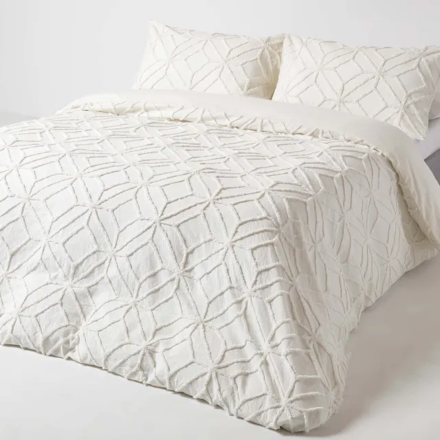 Homescapes perkal beddengoed 230 x 220 cm wit van 100% katoen, getuft met ruitpatroon